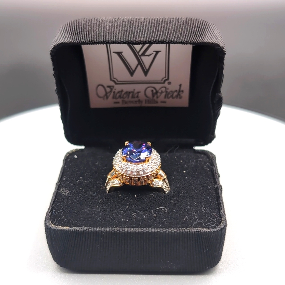 Victoria Wieck| Gold Toned 925 Rhinestoned Ring With Blue Tanzanite Focus